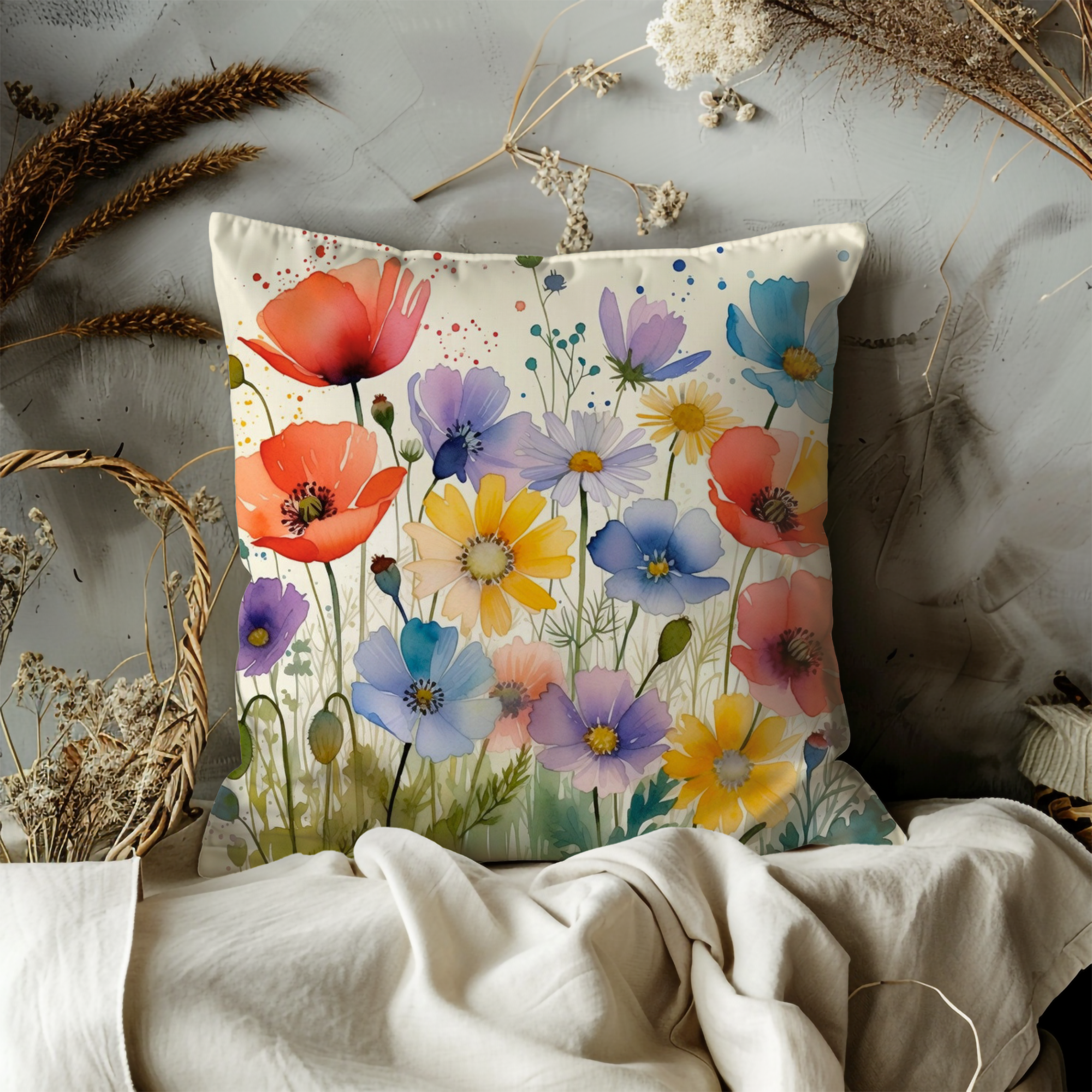 Multicolor Wildflower Meadow Pillow Cover | Vibrant Floral Art | Cottagecore Decor