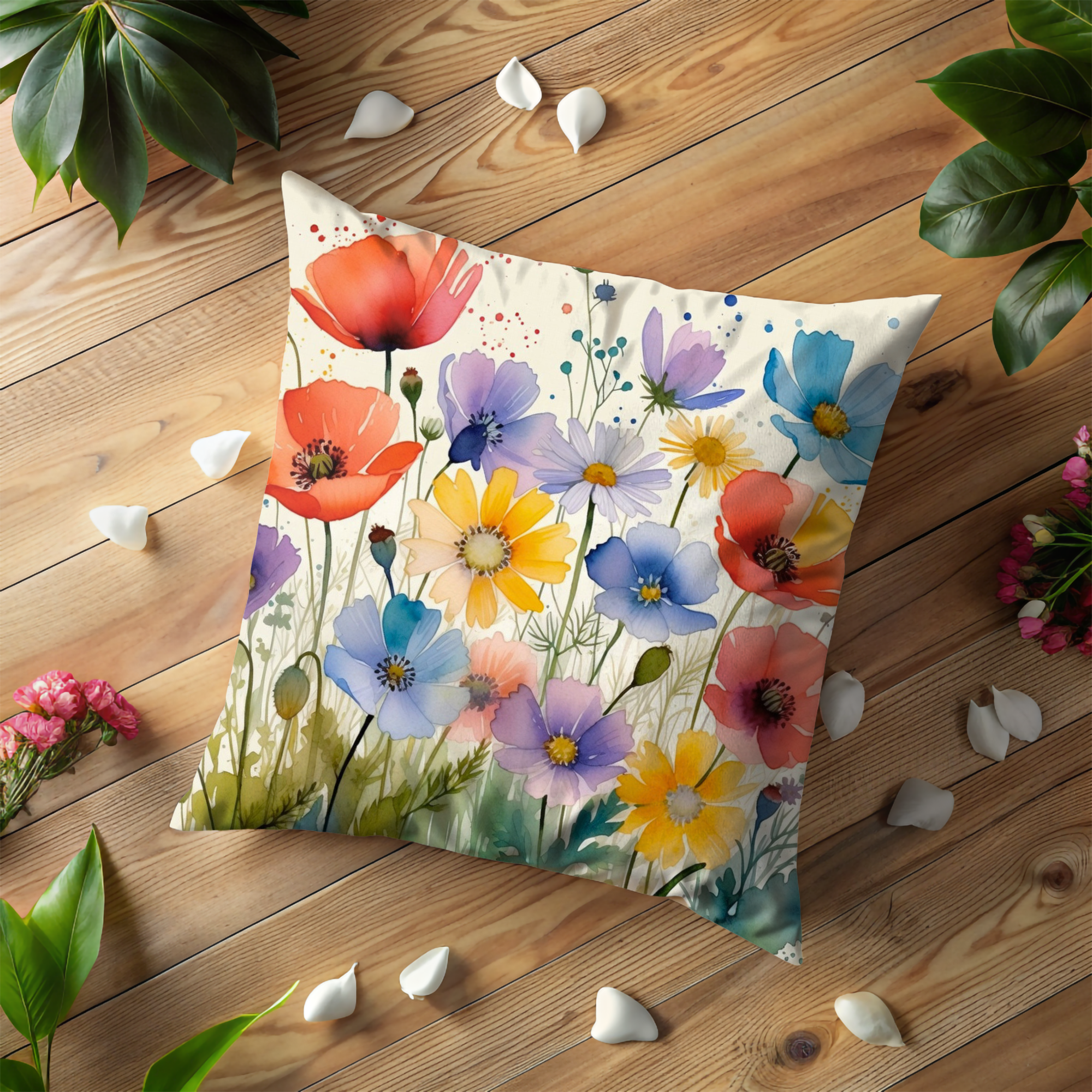 Multicolor Wildflower Meadow Pillow Cover | Vibrant Floral Art | Cottagecore Decor