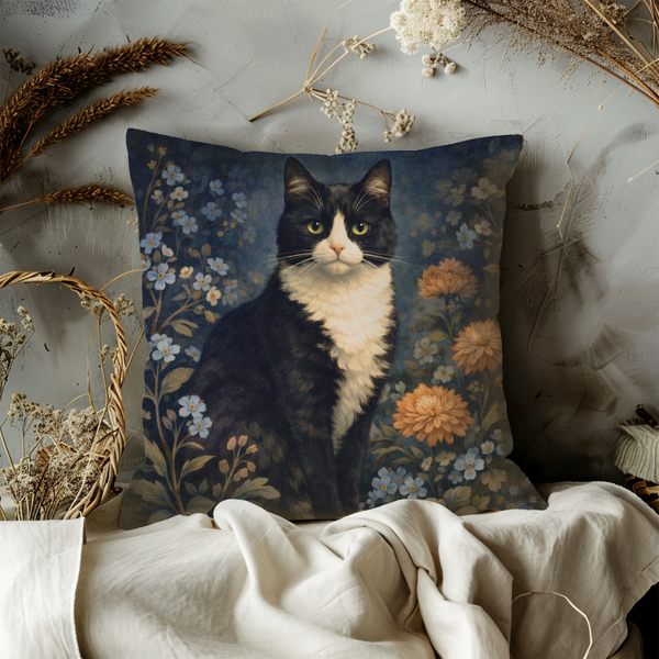 Tuxedo Cat Floral Pillow Cover – Moody Portrait Art | Cat Lover Decor