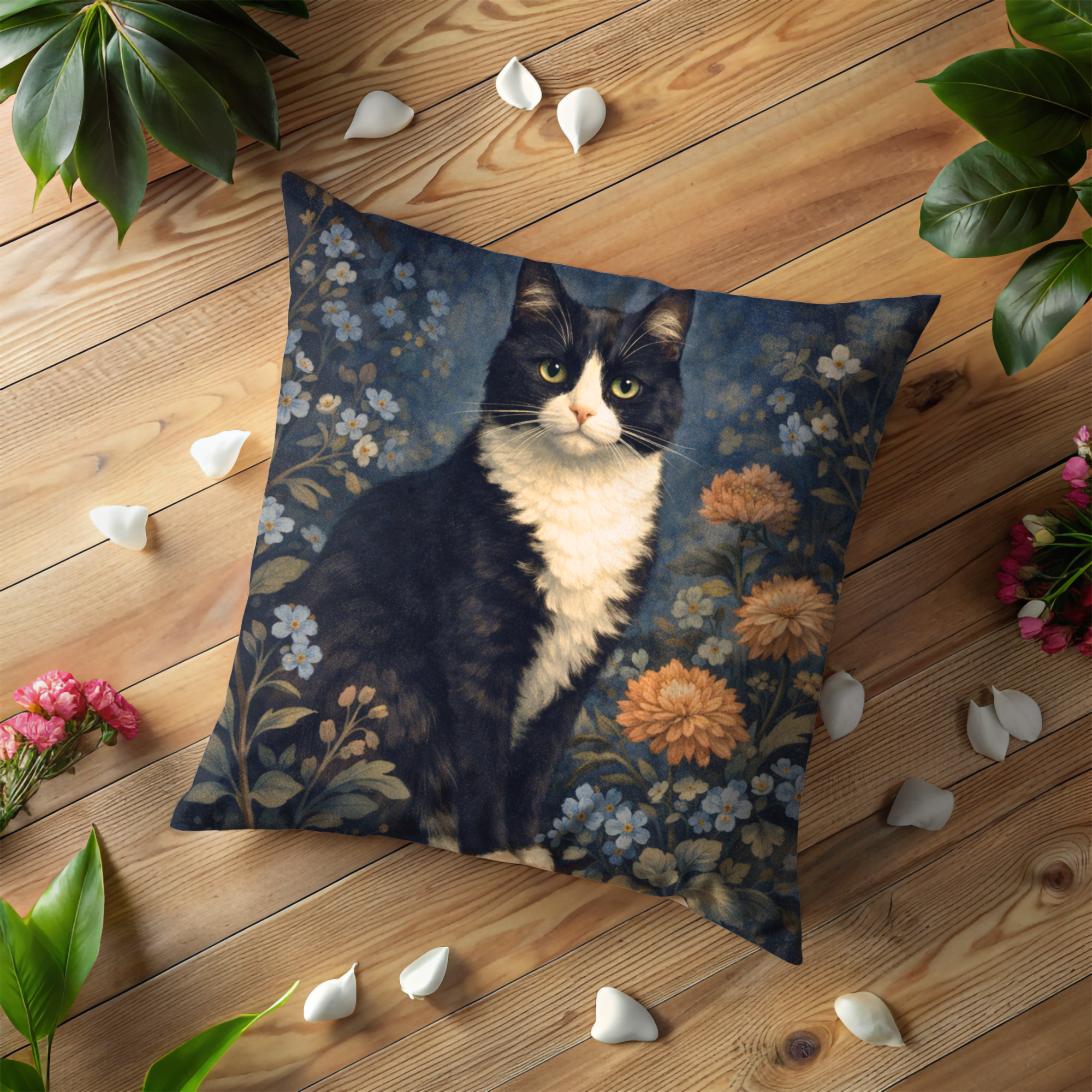 Tuxedo Cat Floral Pillow Cover | Moody Portrait Art | Cat Lover Decor