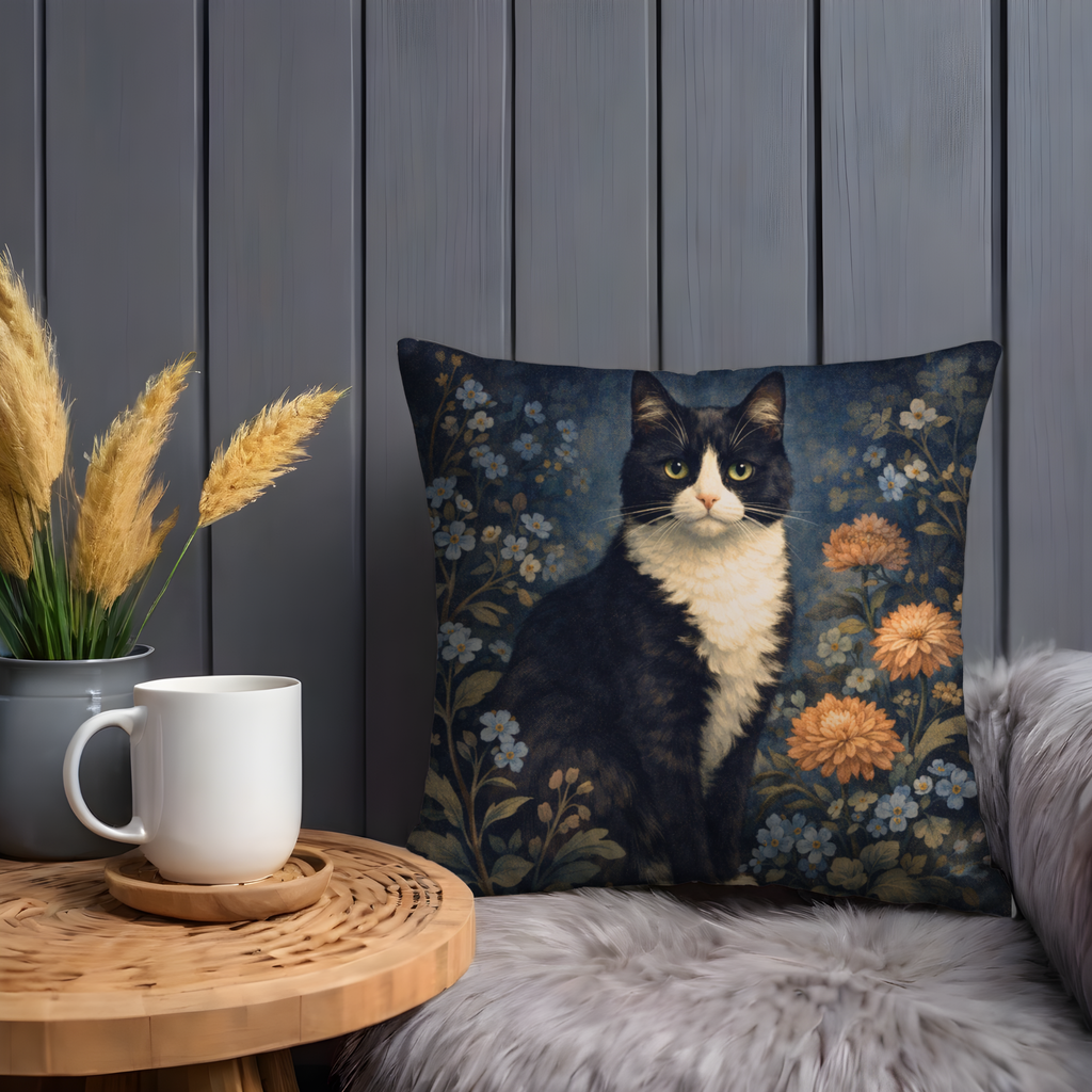 Tuxedo Cat Floral Pillow Cover | Moody Portrait Art | Cat Lover Decor