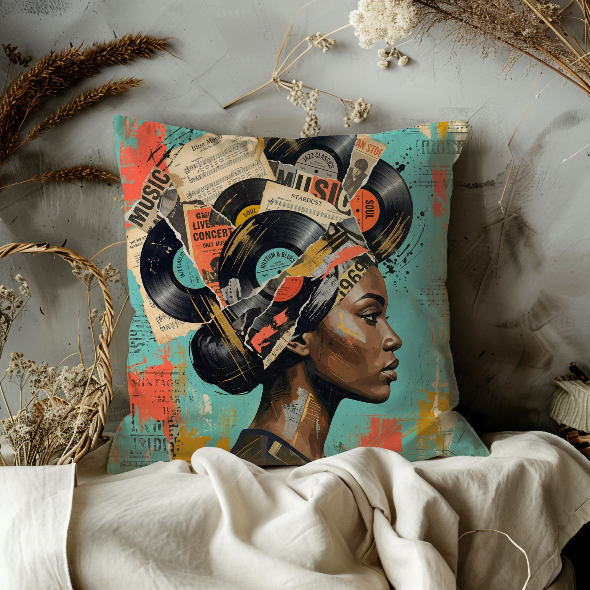 Soul Music Woman Pillow Cover | Vintage Collage Art | Bold Decor