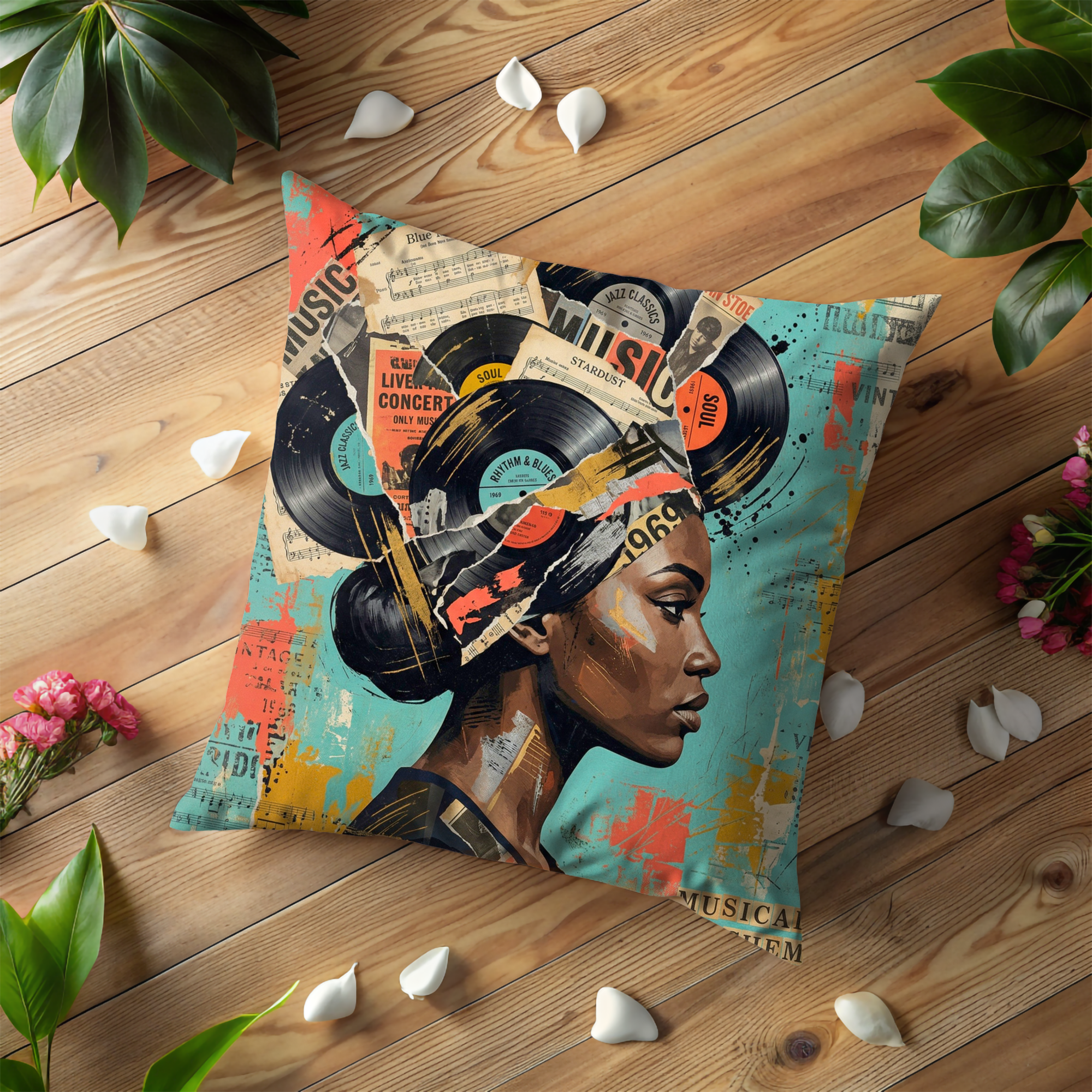 Soul Music Woman Pillow Cover | Vintage Collage Art | Bold Decor