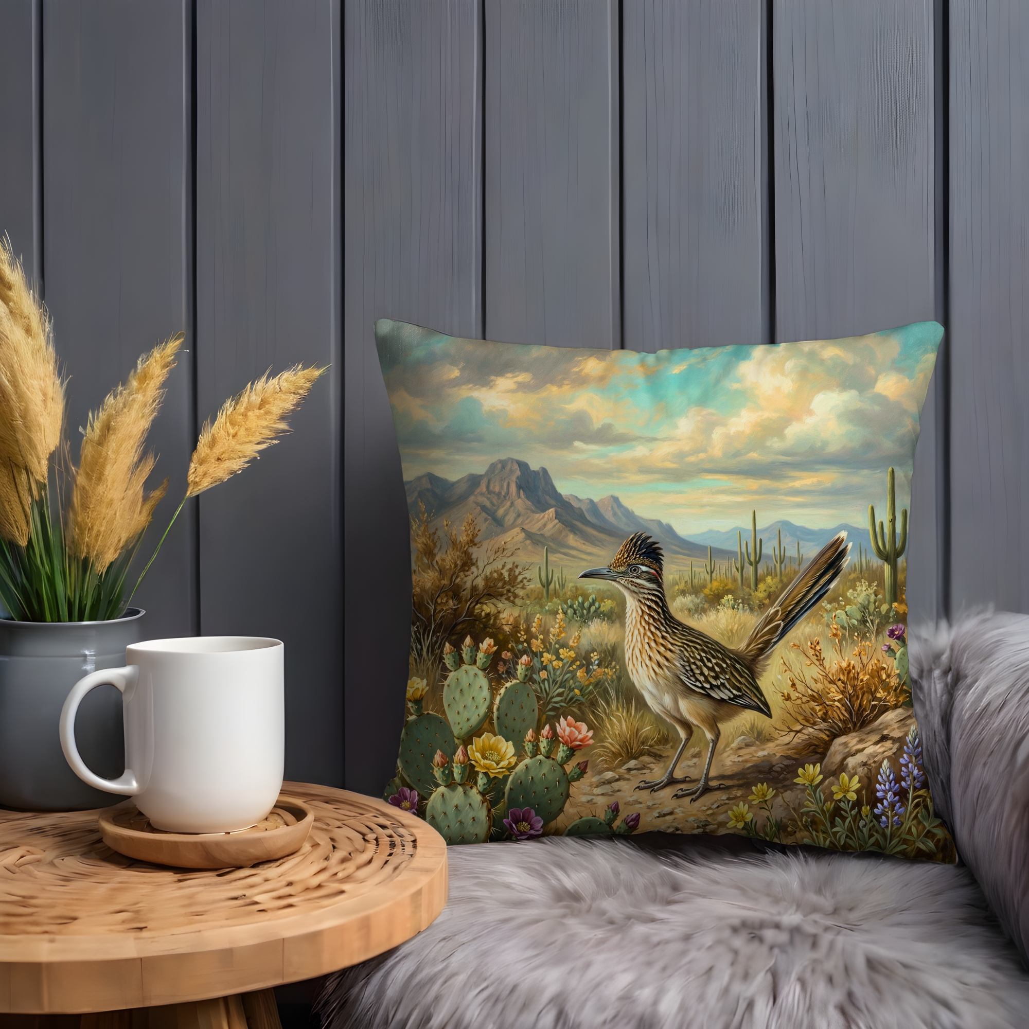 Roadrunner Desert Pillow Cover | Wildlife Art | Southwestern Decor