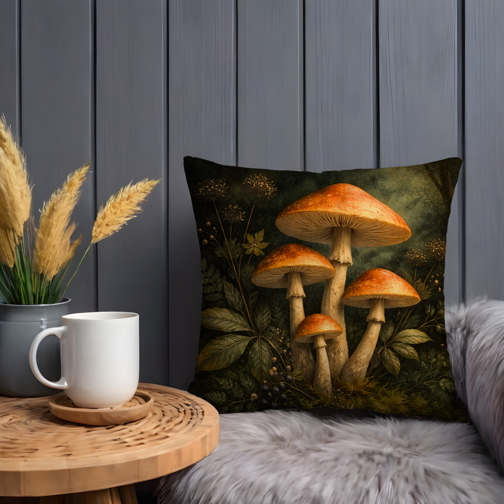Forest Mushrooms Pillow Cover | Wild Nature Art | Moody Decor