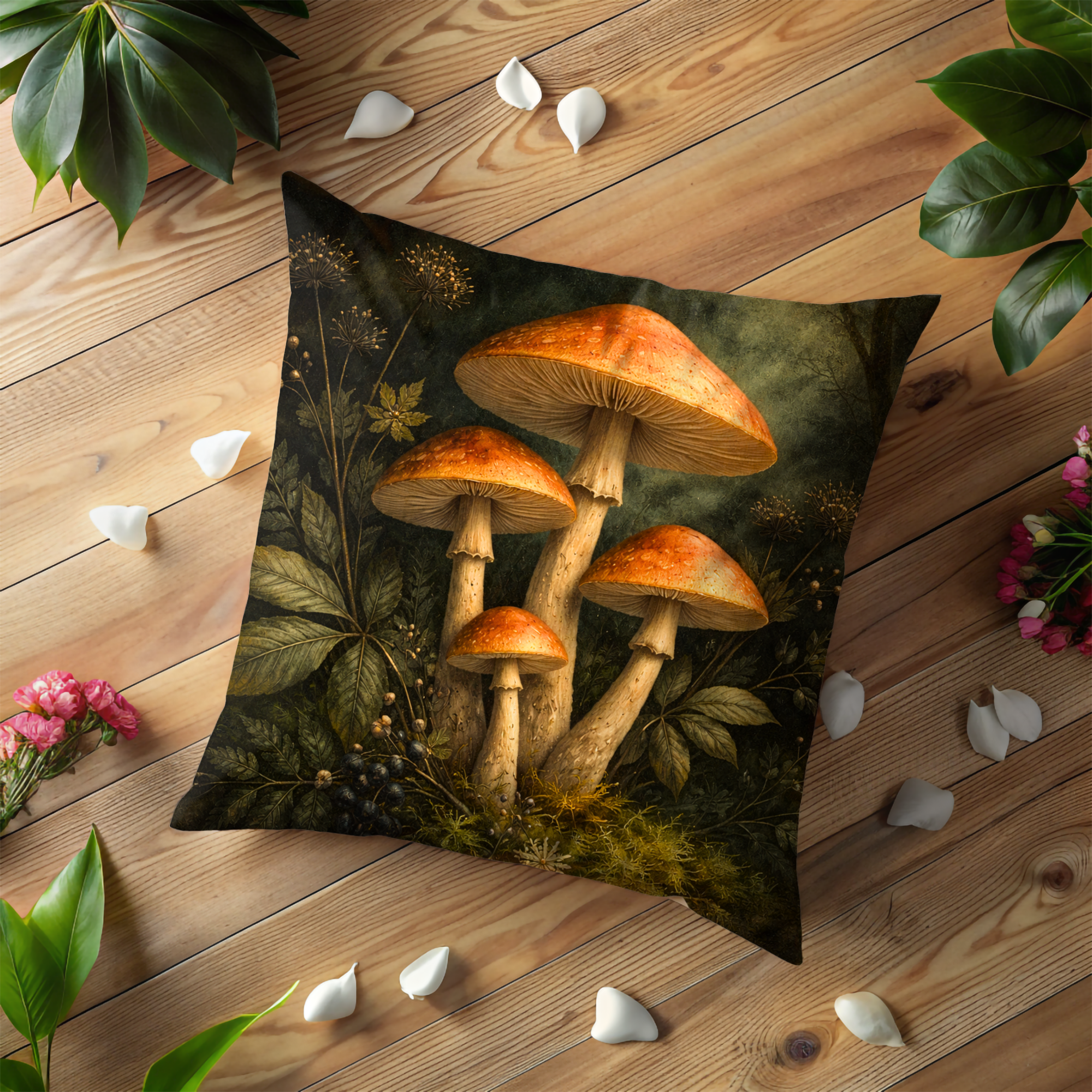 Forest Mushrooms Pillow Cover | Wild Nature Art | Moody Decor