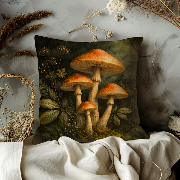 Forest Mushrooms Pillow Cover – Wild Nature Art | Moody Decor