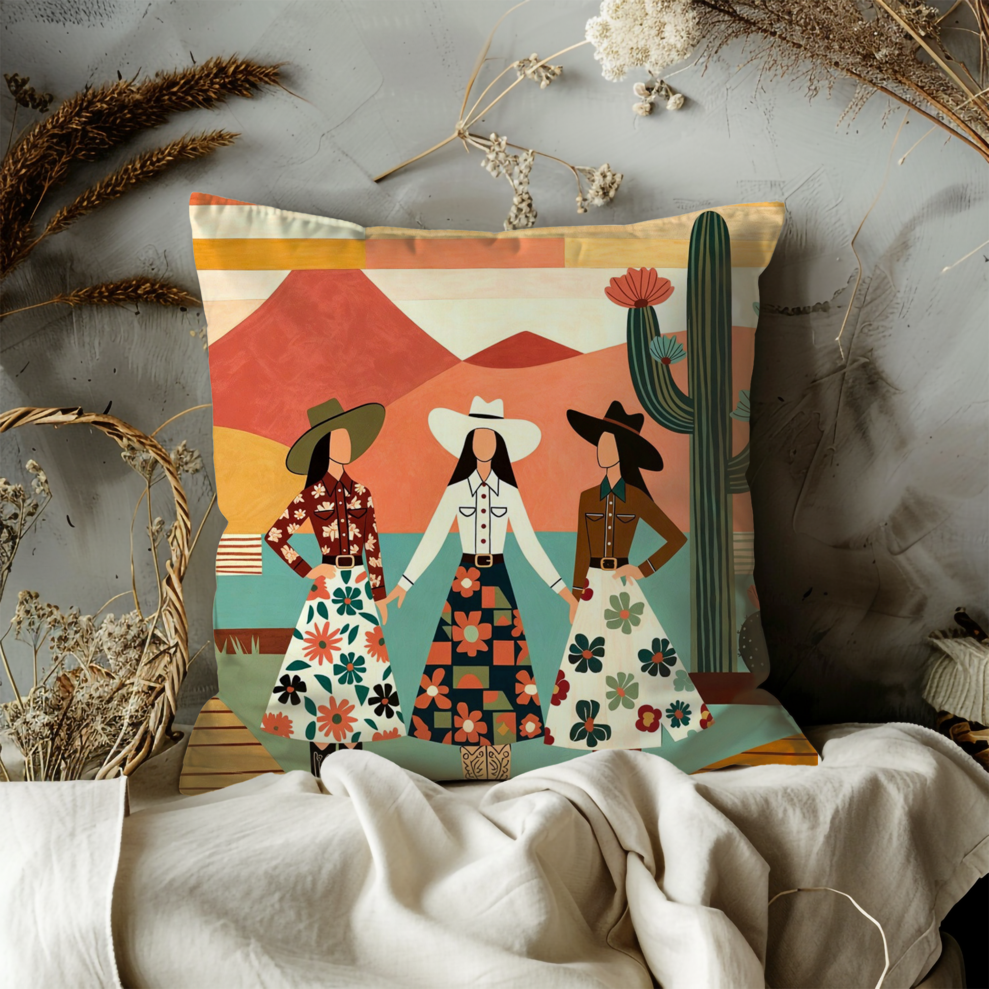 Southwestern Cowgirls Pillow Cover | Bold Western Art | Fun Decor