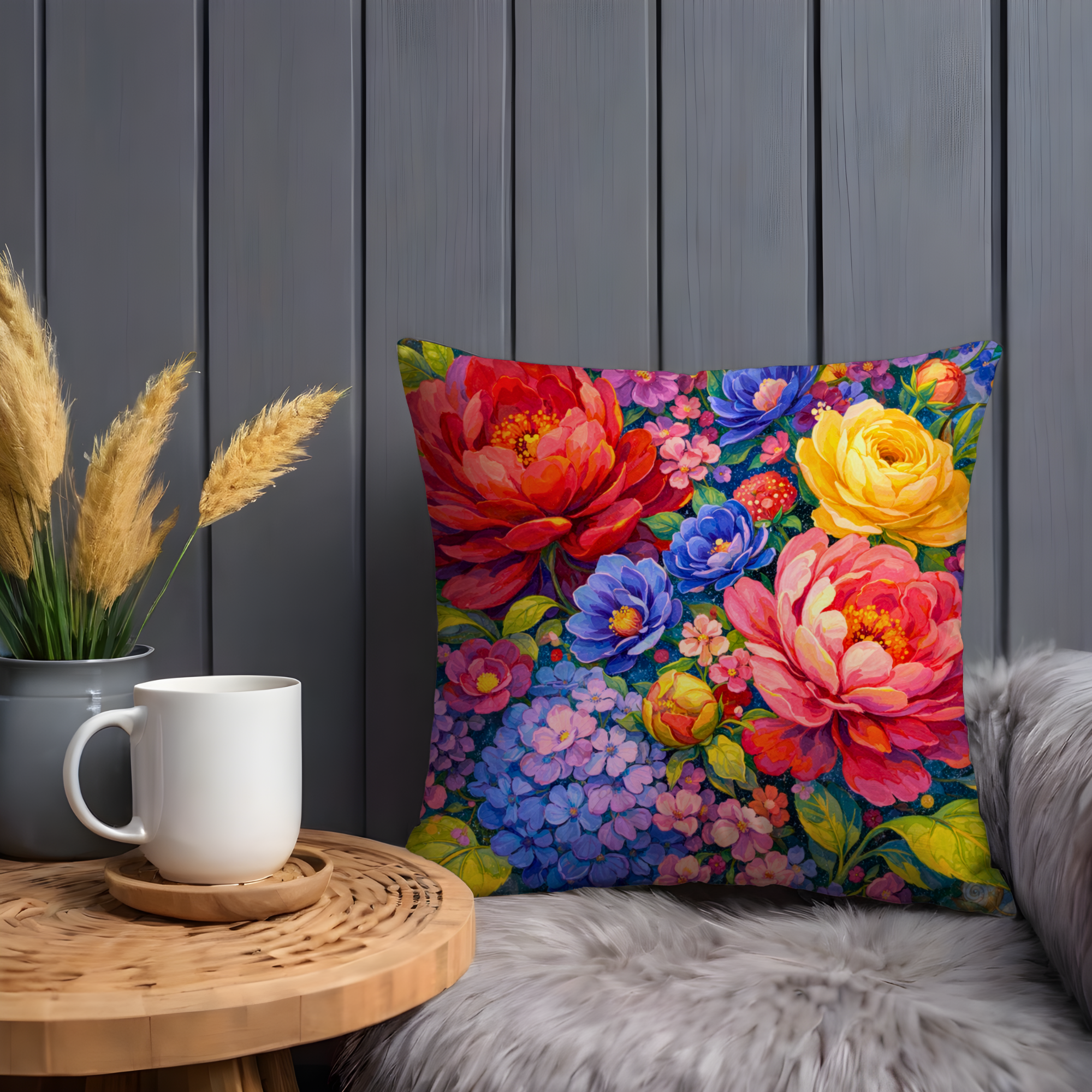Vibrant Rainbow Peony Bouquet Pillow Cover | Luxurious Floral Art | Bold Decor