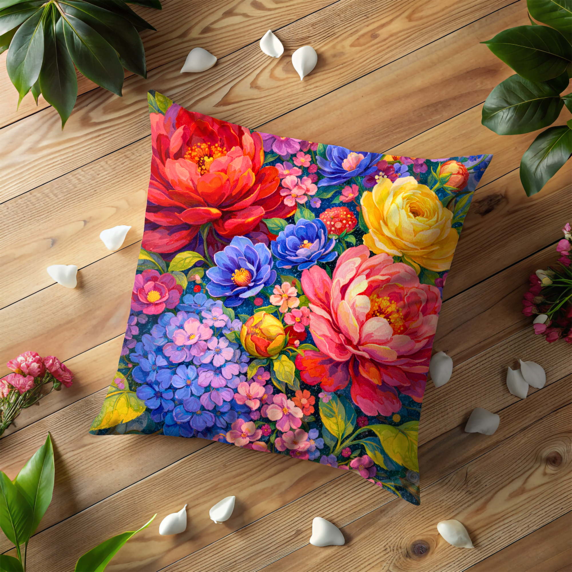 Vibrant Rainbow Peony Bouquet Pillow Cover | Luxurious Floral Art | Bold Decor