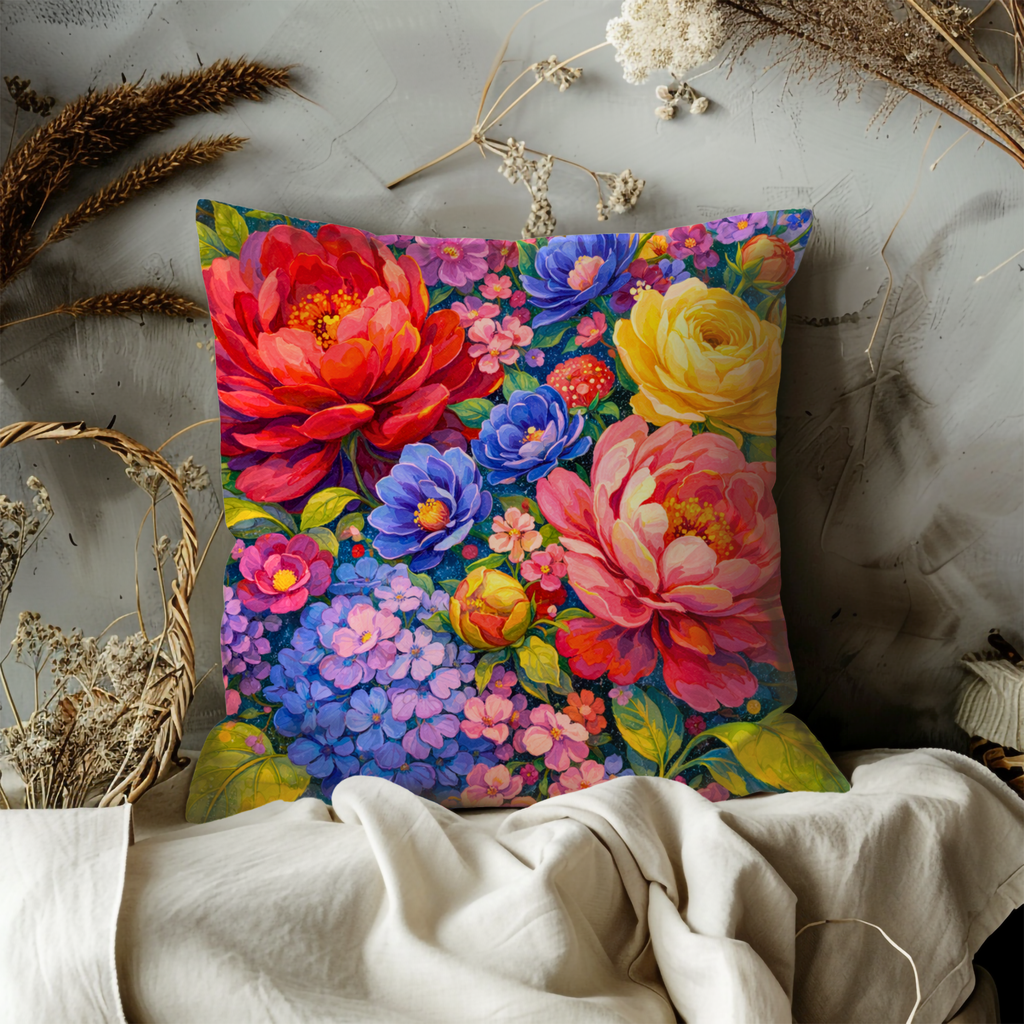 Vibrant Rainbow Peony Bouquet Pillow Cover | Luxurious Floral Art | Bold Decor