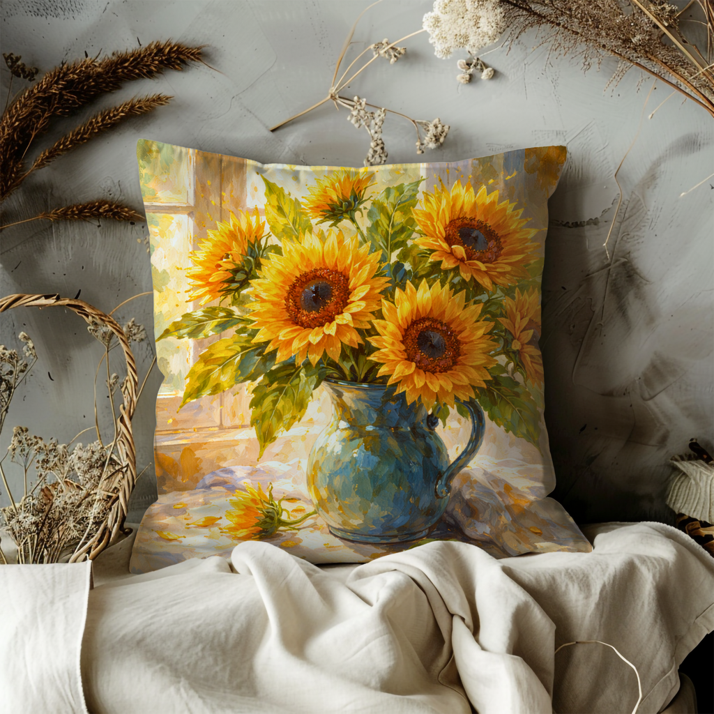 Sunflowers in Blue Vase Pillow Cover | Sunny Floral Art | Kitchen Decor