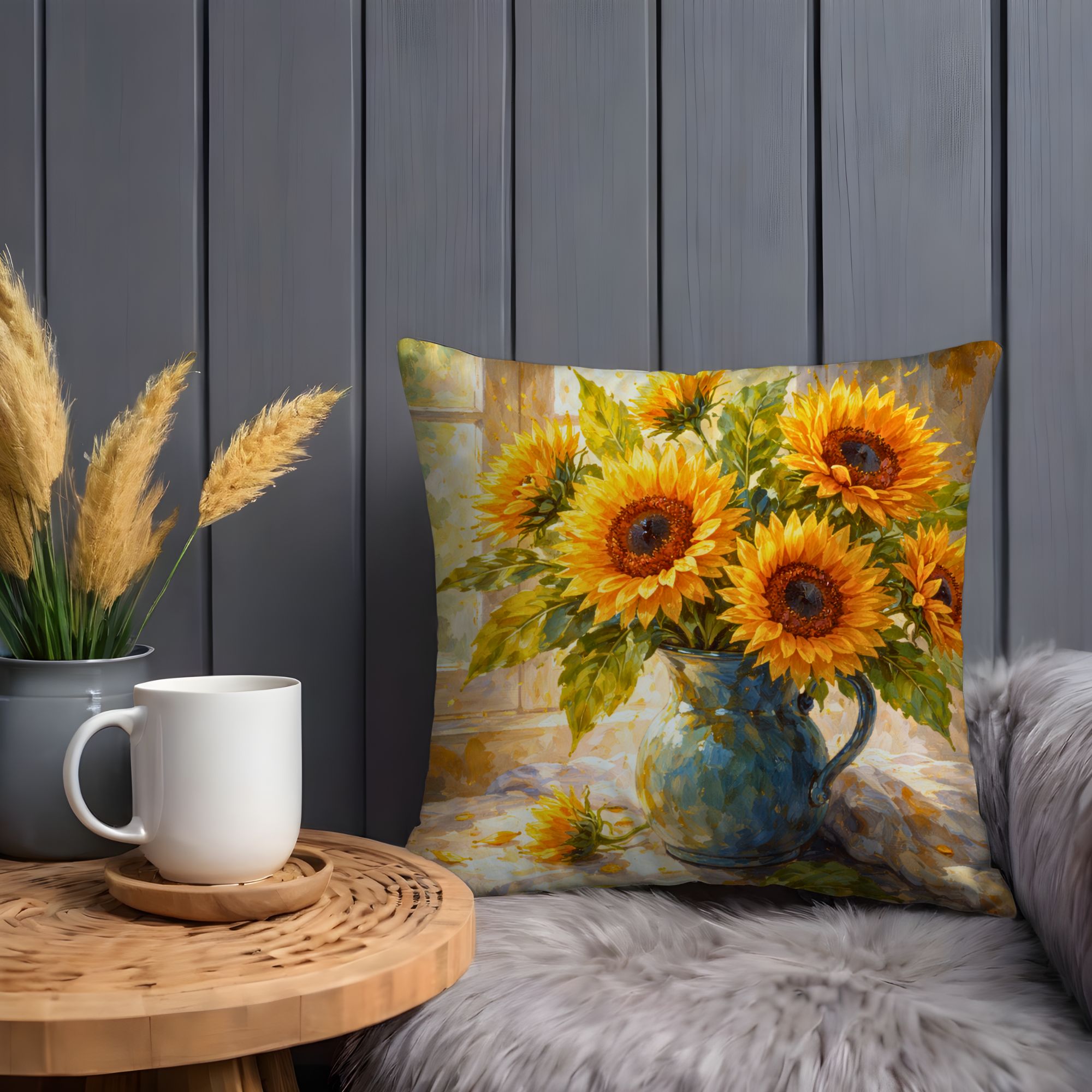 Sunflowers in Blue Vase Pillow Cover | Sunny Floral Art | Kitchen Decor
