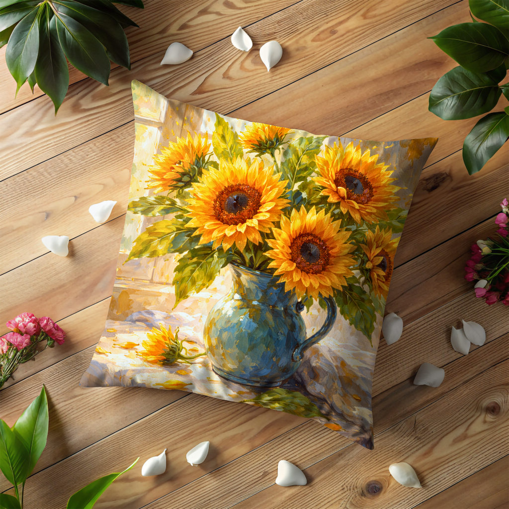 Sunflowers in Blue Vase Pillow Cover | Sunny Floral Art | Kitchen Decor