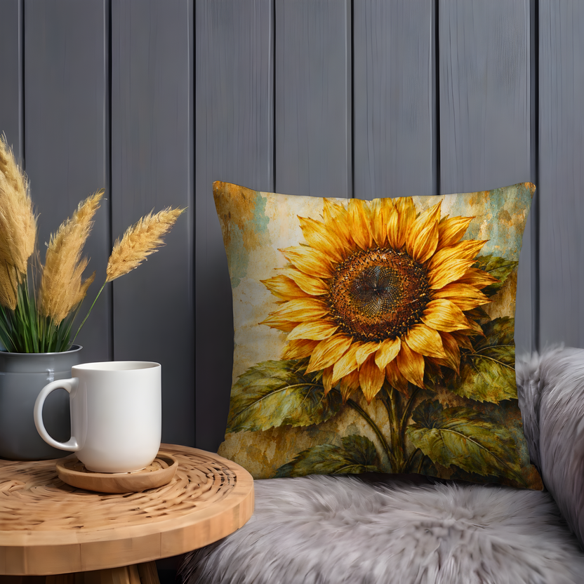Sunflower Pillow Cover – Bright Floral Art | Vintage Nature Decor