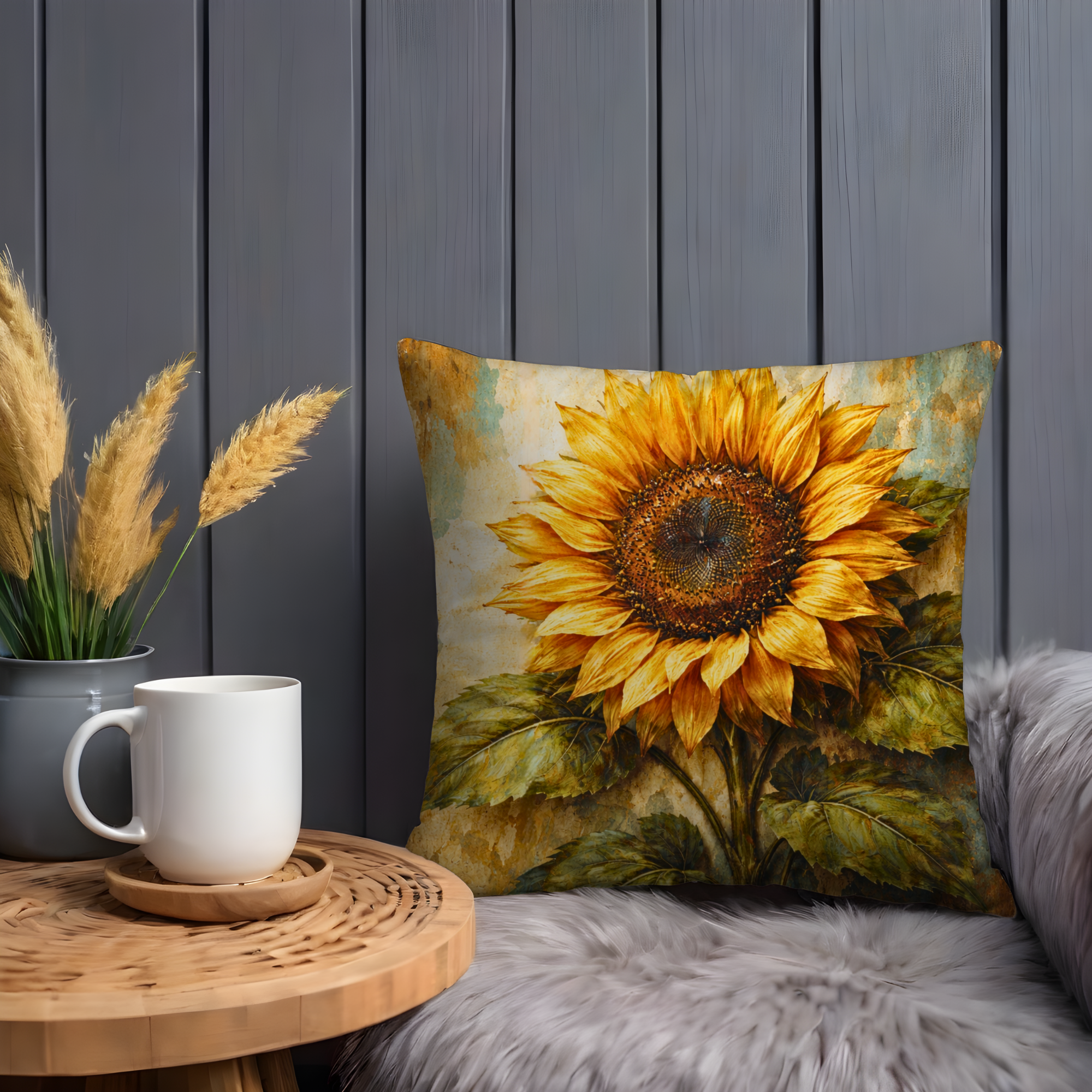 Sunflower Pillow Cover | Bright Floral Art | Vintage Nature Decor