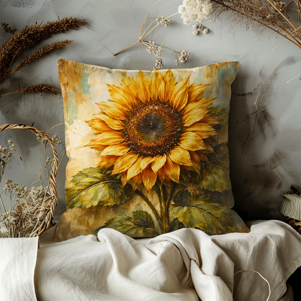 Sunflower Pillow Cover – Bright Floral Art | Vintage Nature Decor