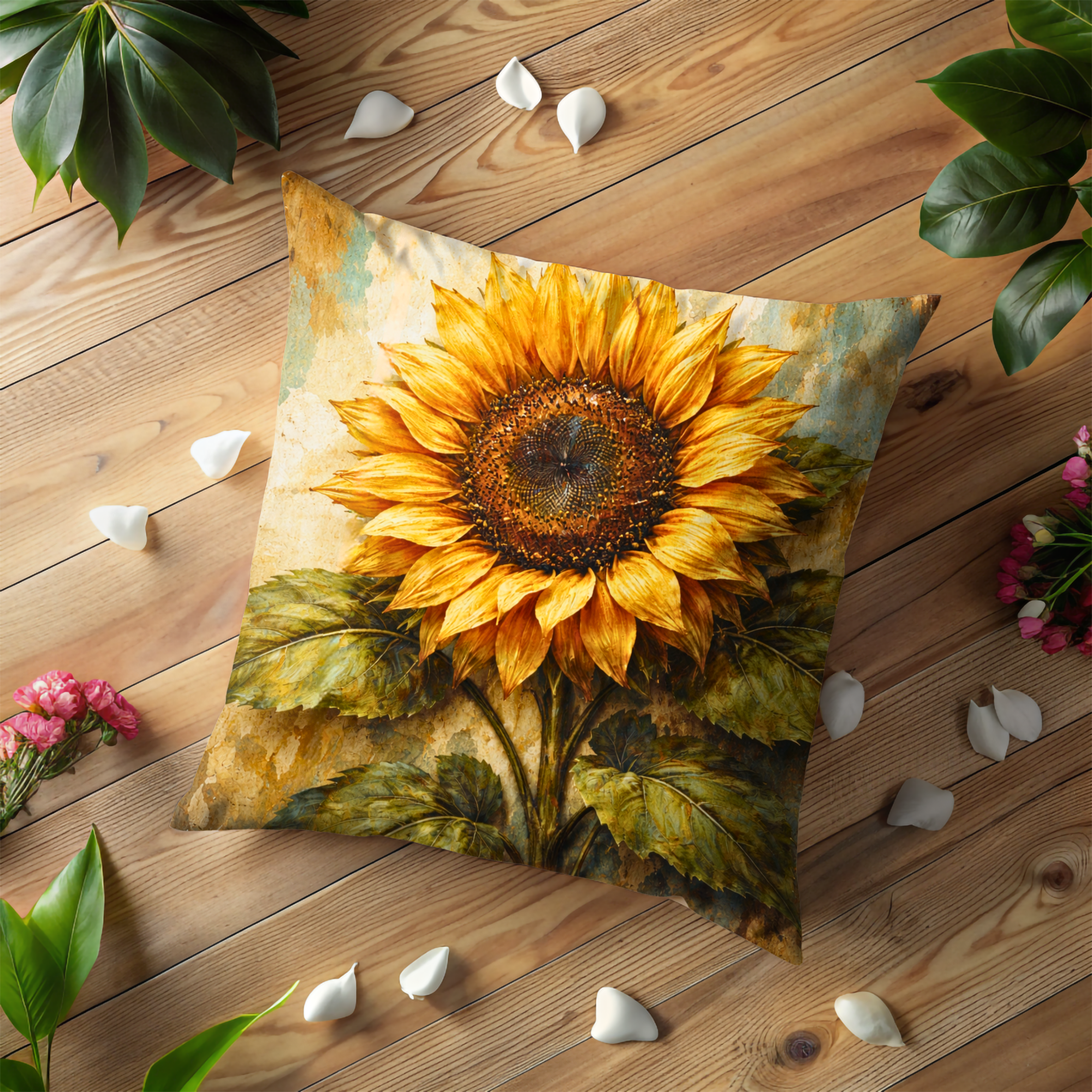 Sunflower Pillow Cover | Bright Floral Art | Vintage Nature Decor
