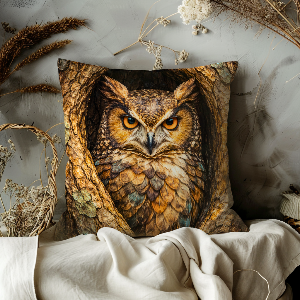 Owl Portrait Pillow Cover | Wise Bird Art | Forest Decor