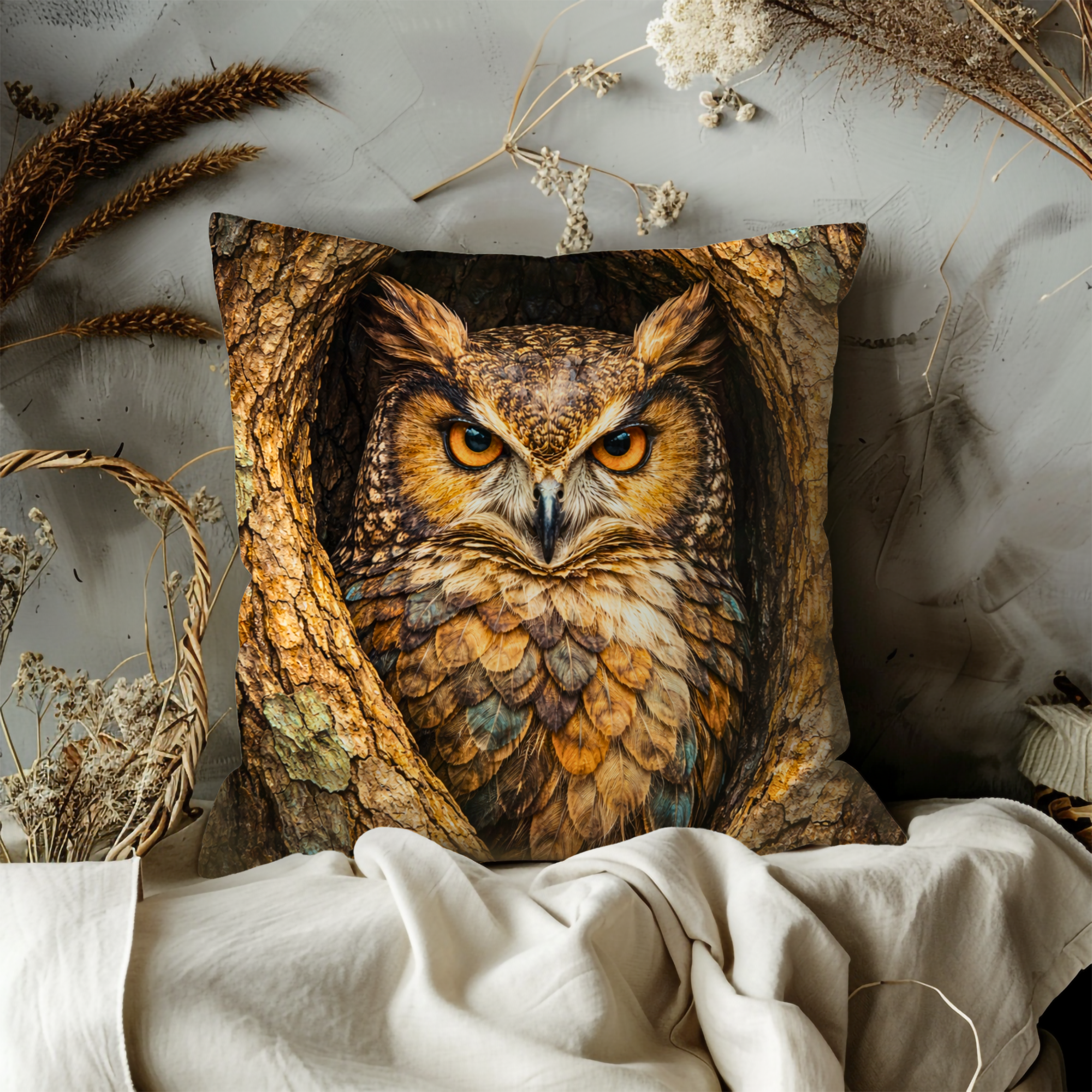 Owl Portrait Pillow Cover | Wise Bird Art | Forest Decor