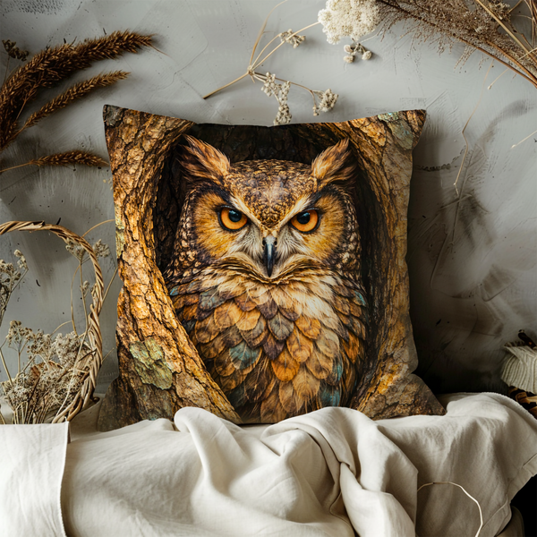 Owl Portrait Pillow Cover – Wise Bird Art | Forest Decor