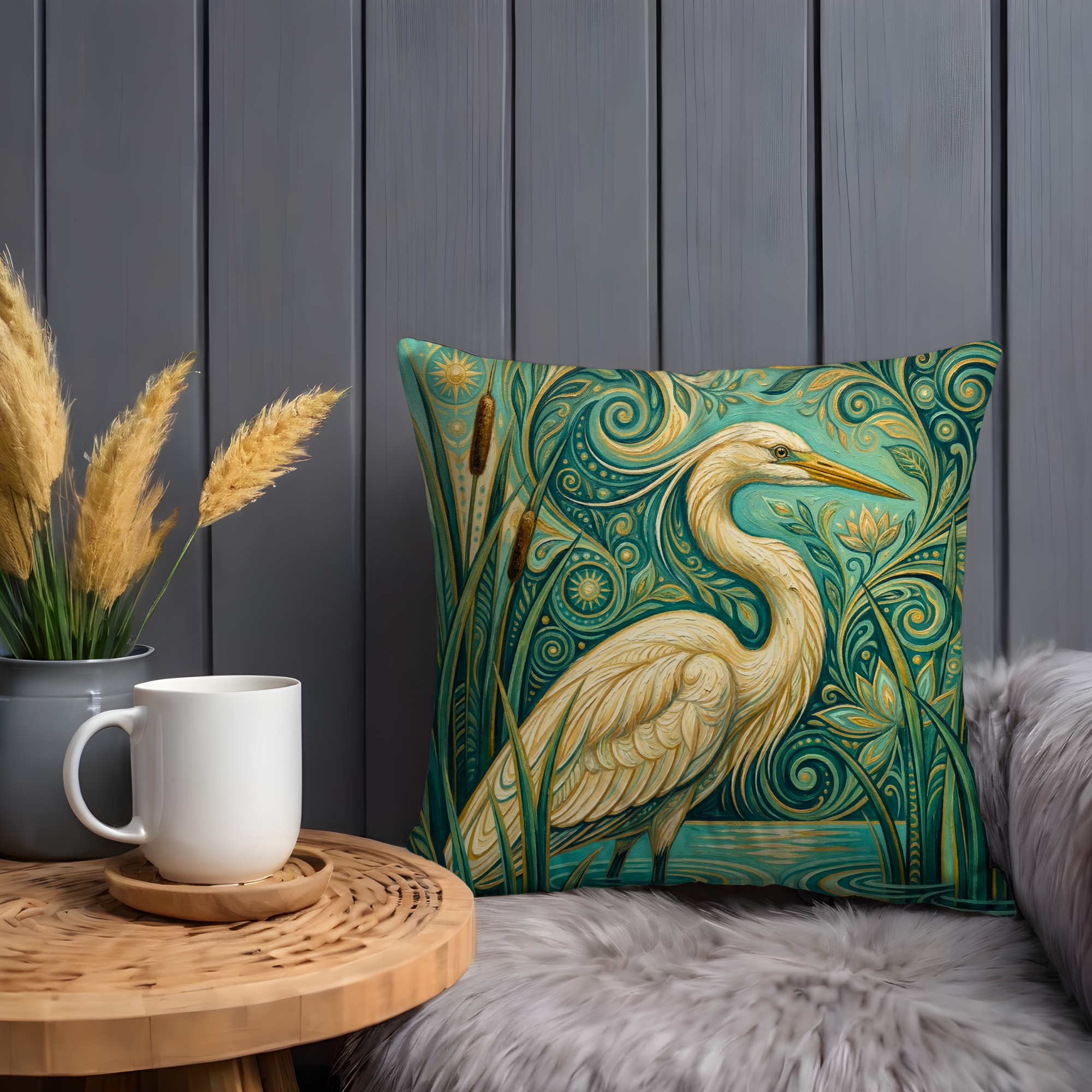 Heron Wetland Pillow Cover | Ornate Bird Art | Nature Decor