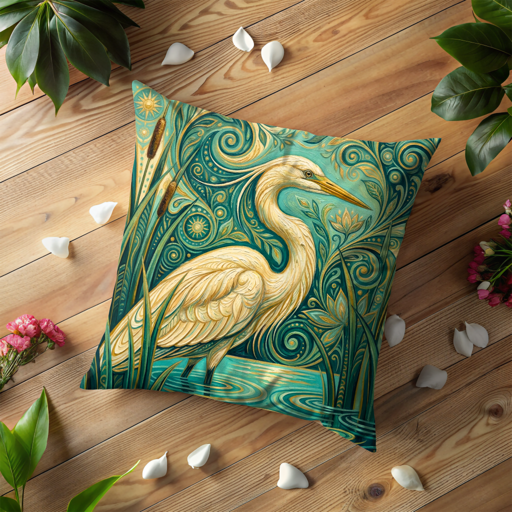 Heron Wetland Pillow Cover | Ornate Bird Art | Nature Decor