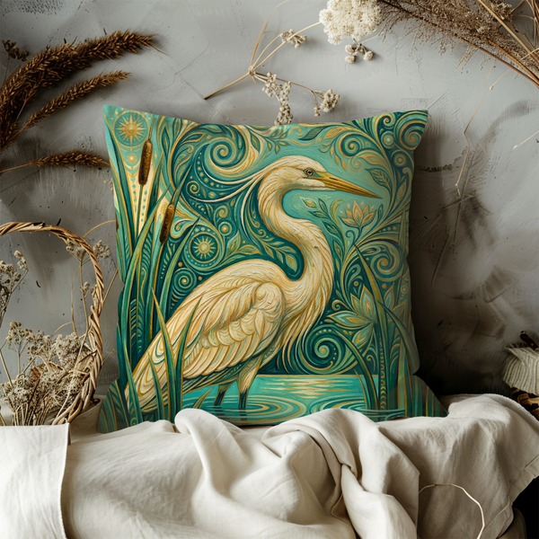 Heron Wetland Pillow Cover – Ornate Bird Art | Nature Decor