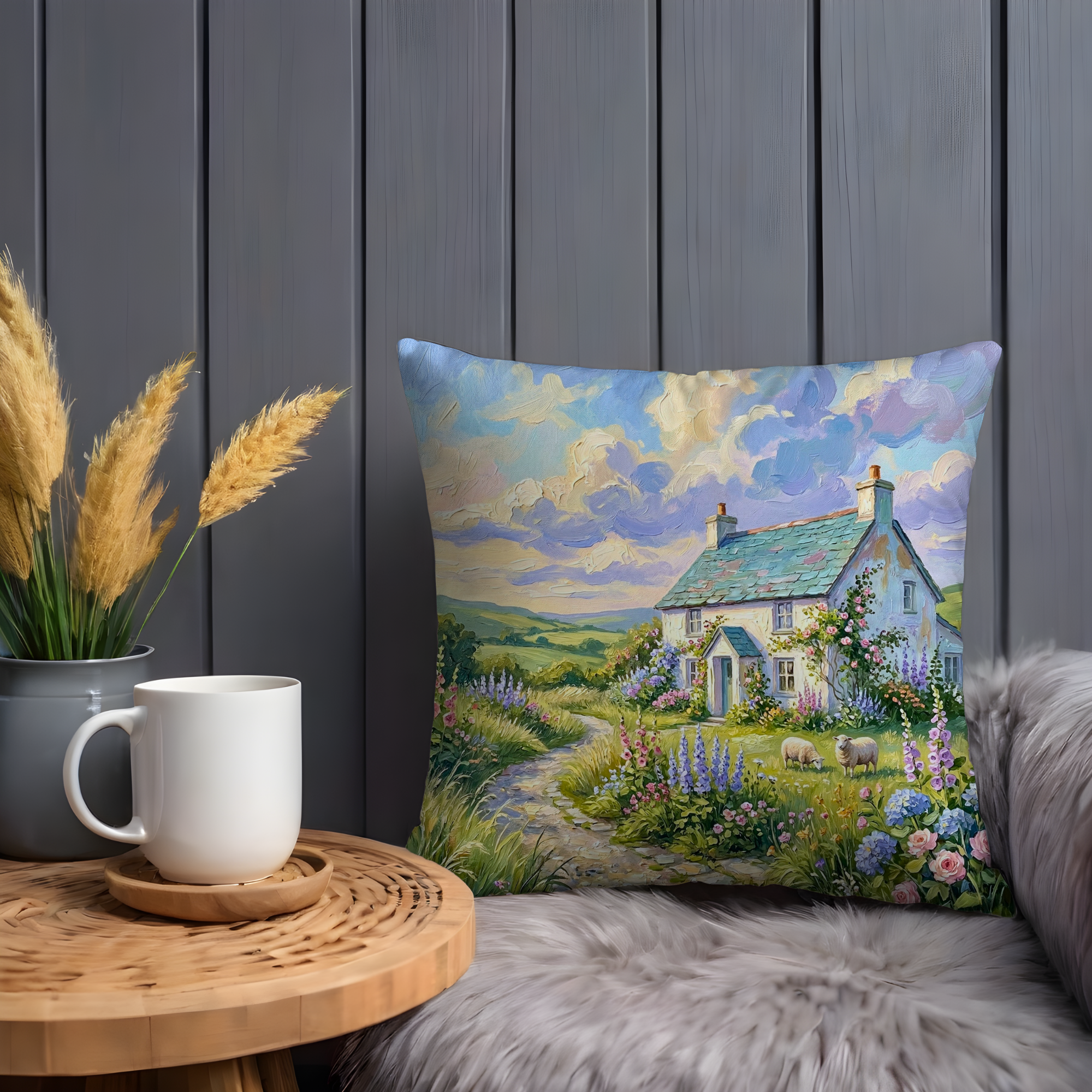Countryside Cottage Pillow Cover | Pastoral Landscape Art | Serene Nature Decor