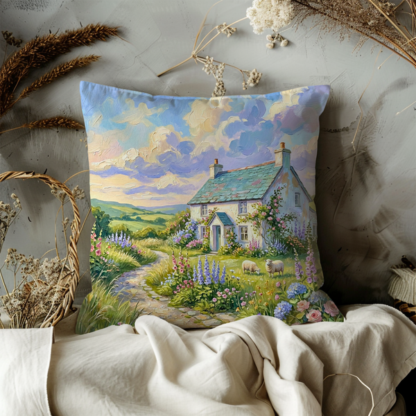 Countryside Cottage Pillow Cover – Pastoral Landscape Art | Serene Nature Decor