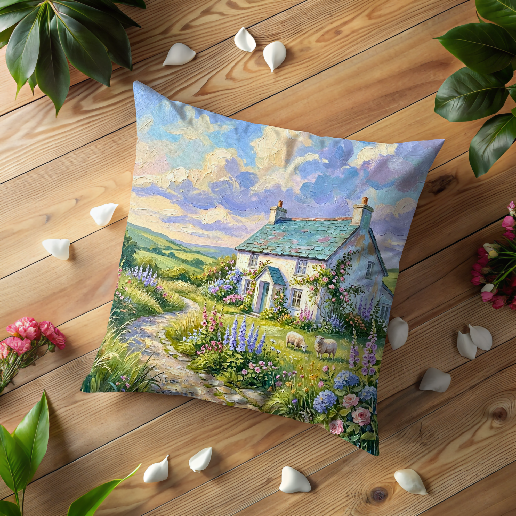 Countryside Cottage Pillow Cover | Pastoral Landscape Art | Serene Nature Decor