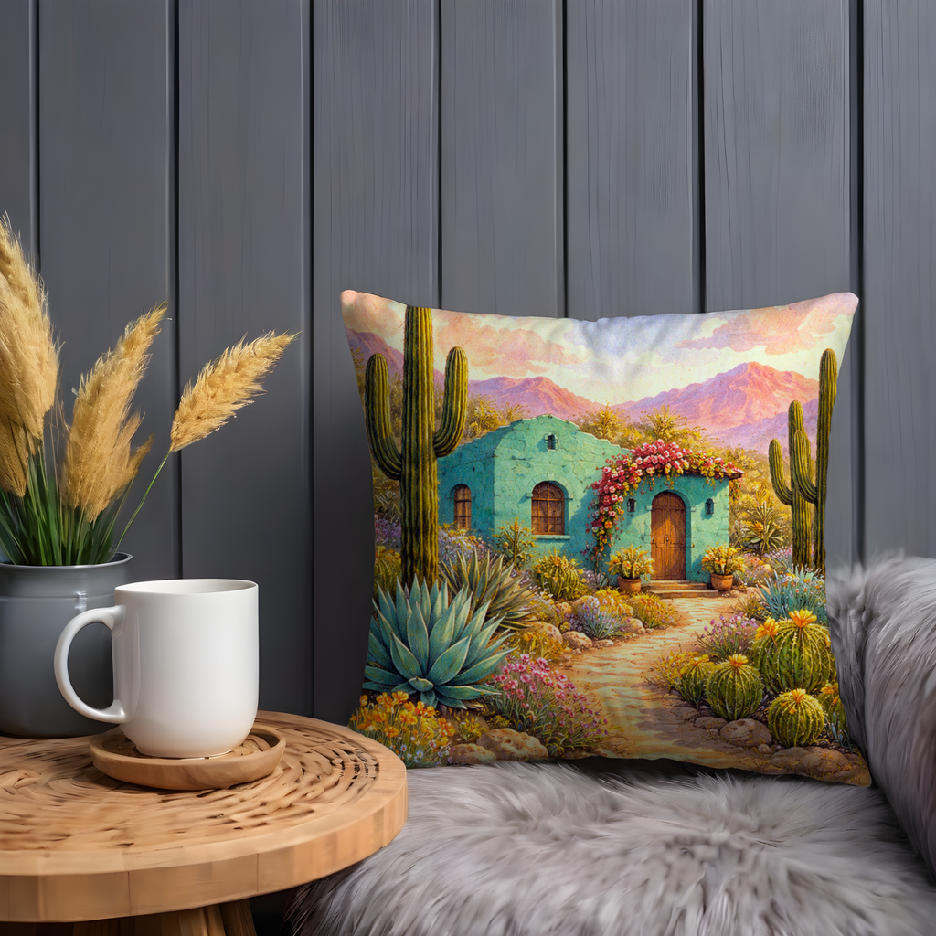 Turquoise Adobe Desert Pillow Cover | Southwest Landscape Art | Cactus Decor