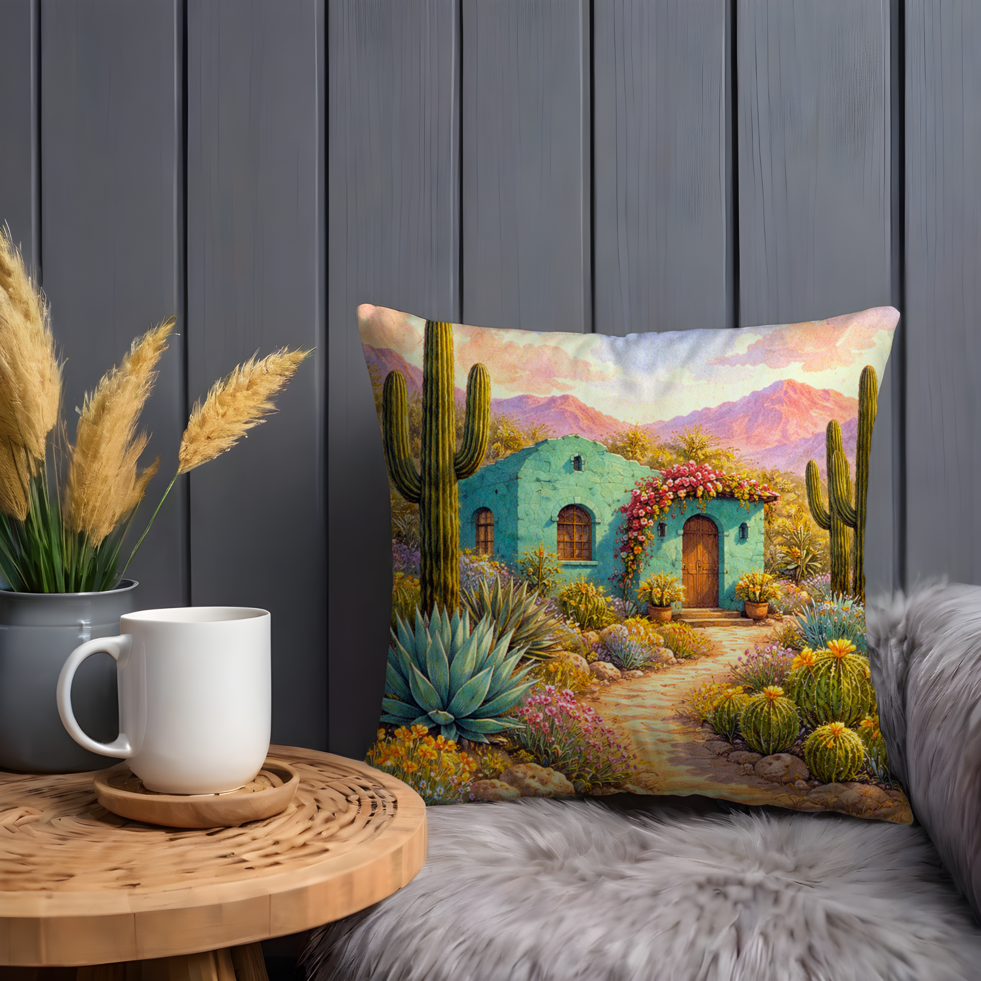 Turquoise Adobe Desert Pillow Cover | Southwest Landscape Art | Cactus Decor