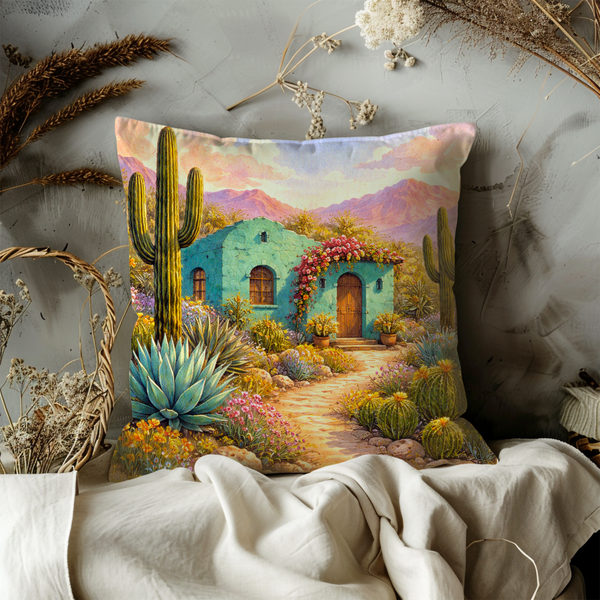 Turquoise Adobe Desert Pillow Cover – Southwest Landscape Art | Cactus Decor
