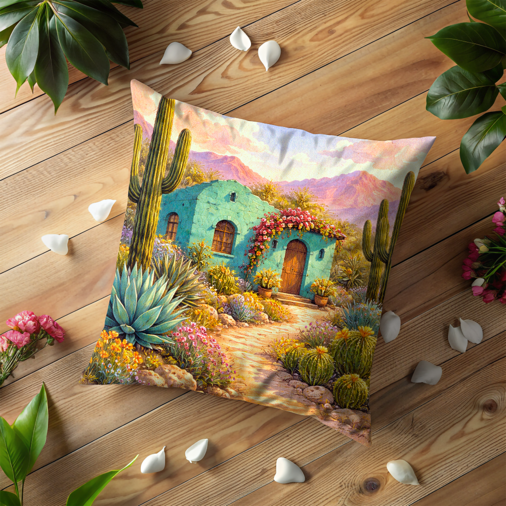 Turquoise Adobe Desert Pillow Cover | Southwest Landscape Art | Cactus Decor