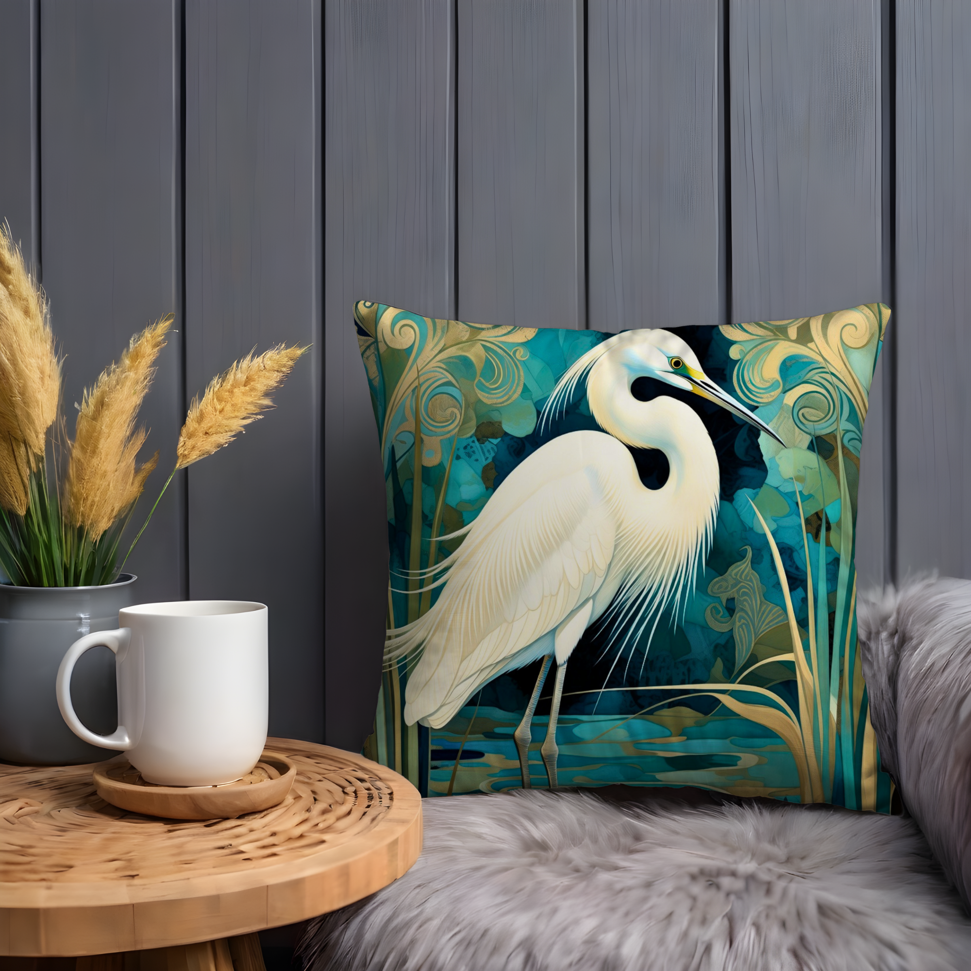 Heron Wetland Pillow Cover | Elegant Bird Art | Tranquil Nature Decor