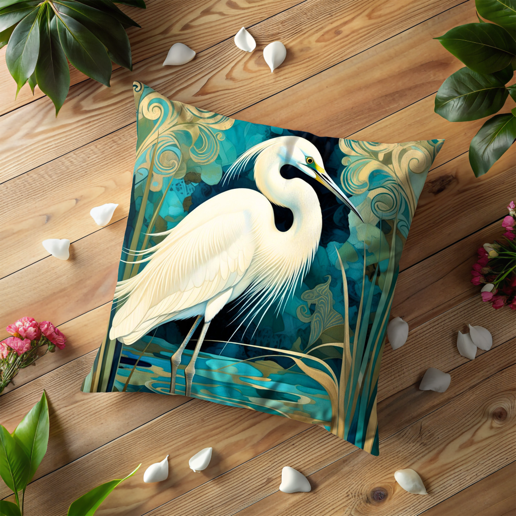Heron Wetland Pillow Cover | Elegant Bird Art | Tranquil Nature Decor