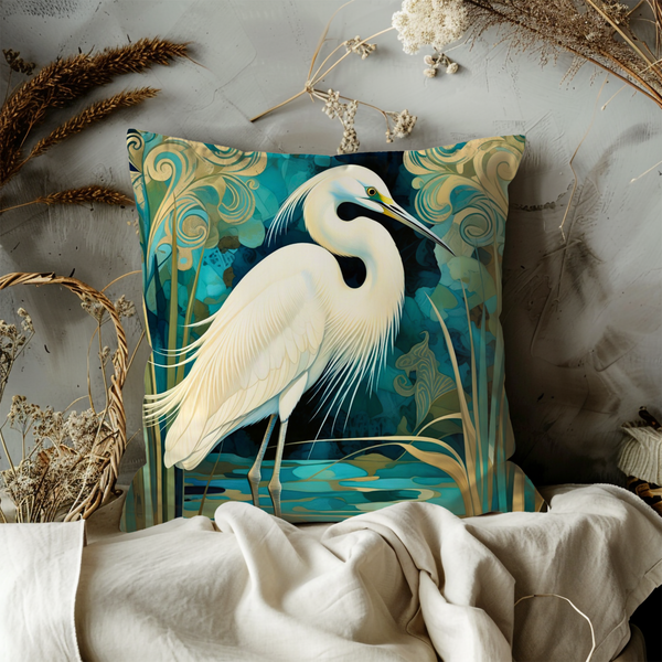 Heron Wetland Pillow Cover – Elegant Bird Art | Tranquil Nature Decor