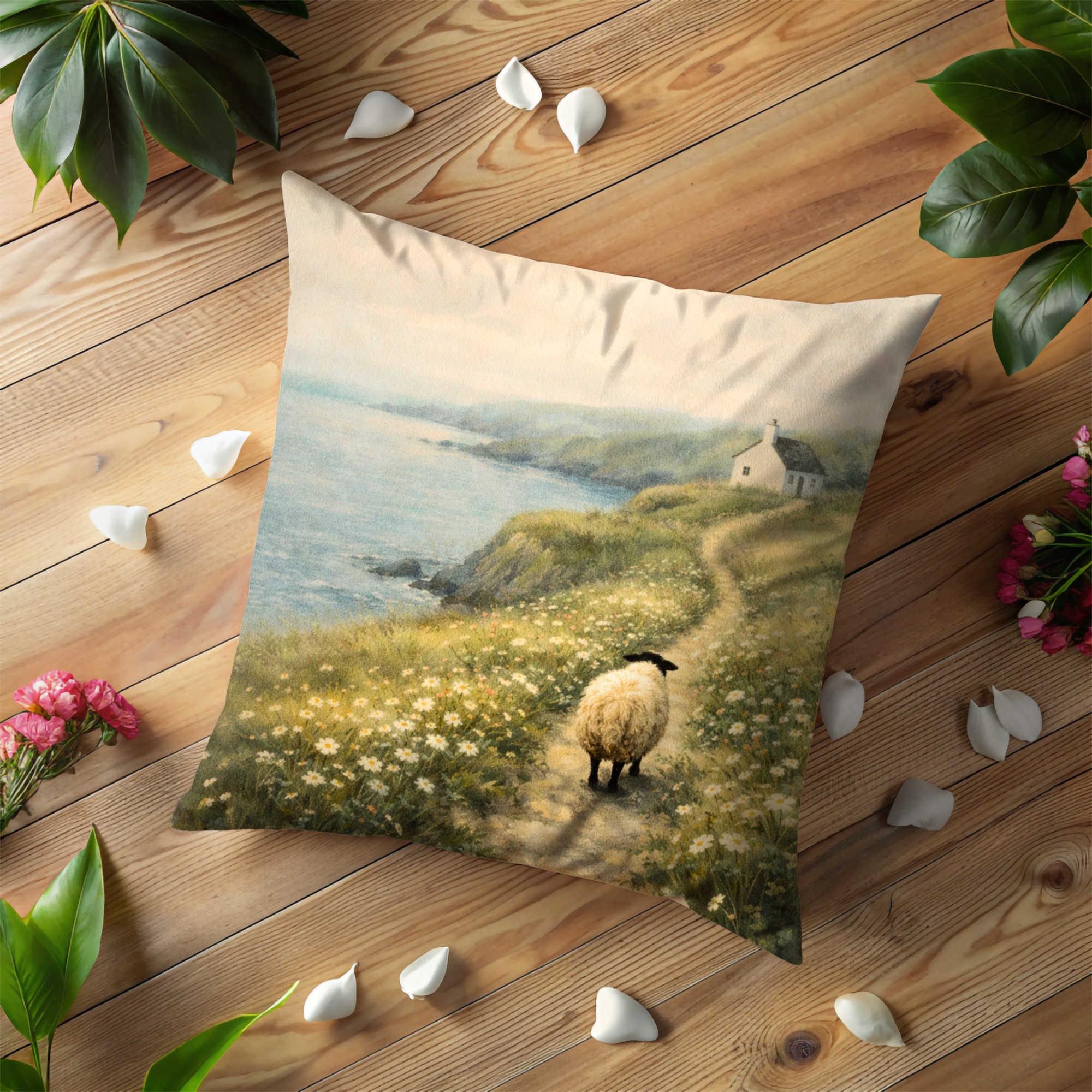 Coastal Sheep Landscape Pillow Cover | Serene Countryside Art | Nature Decor