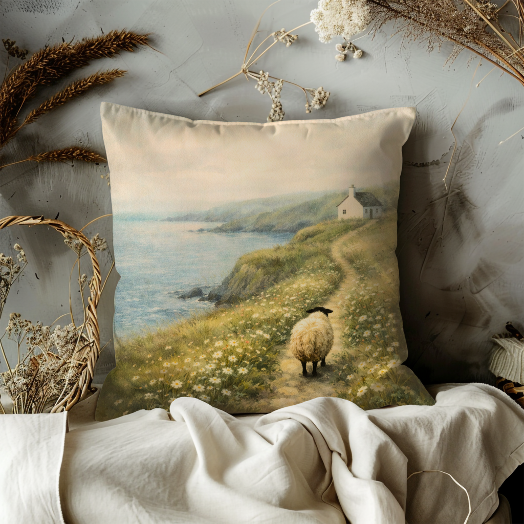 Coastal Sheep Landscape Pillow Cover | Serene Countryside Art | Nature Decor