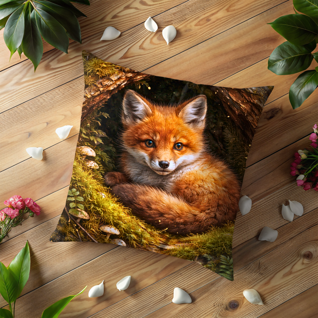 Fox in Forest Hollow Pillow Cover | Cute Wildlife Art | Nature Decor