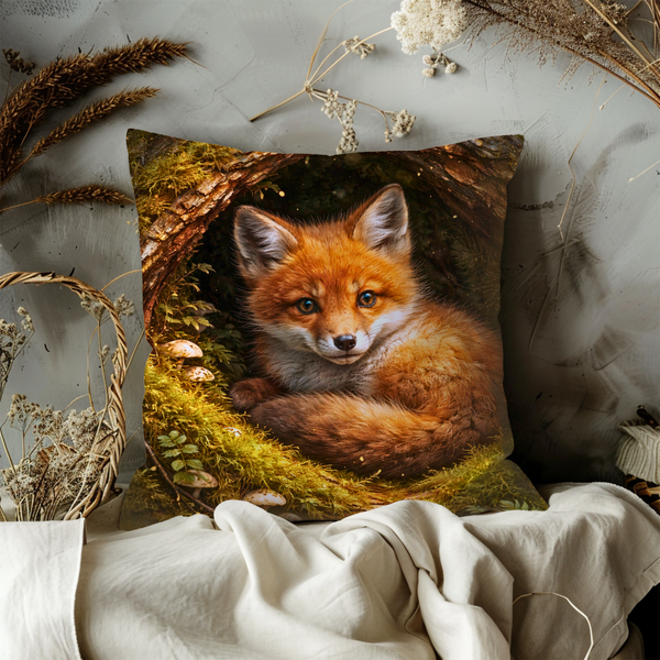 Fox in Forest Hollow Pillow Cover – Cute Wildlife Art | Nature Decor