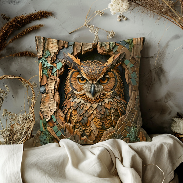 Woodland Owl Pillow Cover – Mystical Bird Art | Nature Decor