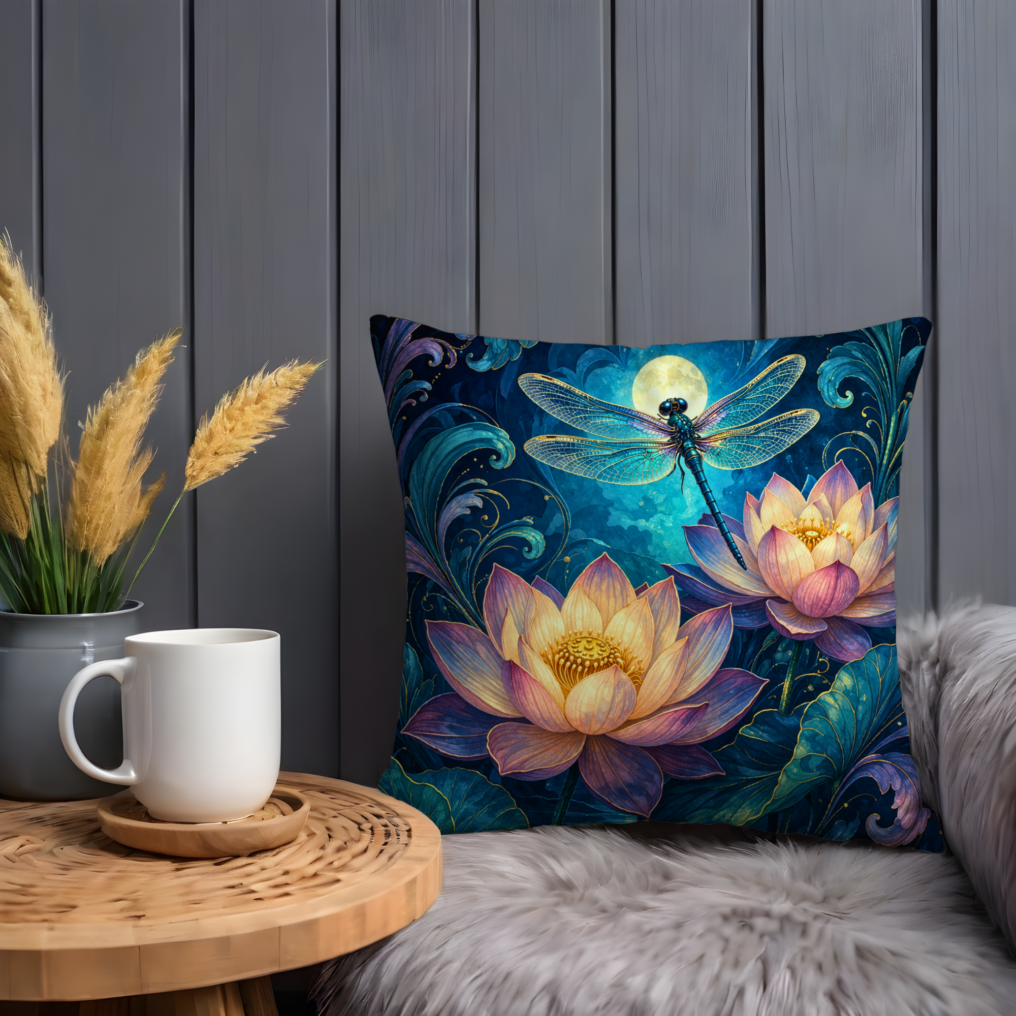 Dragonfly Lotus Pillow Cover | Mystical Floral Art | Tranquil Nature Decor