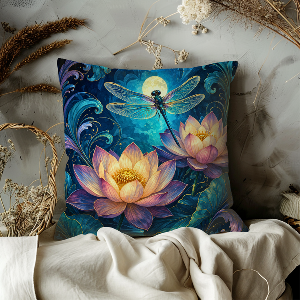 Dragonfly Lotus Pillow Cover – Mystical Floral Art | Tranquil Nature Decor