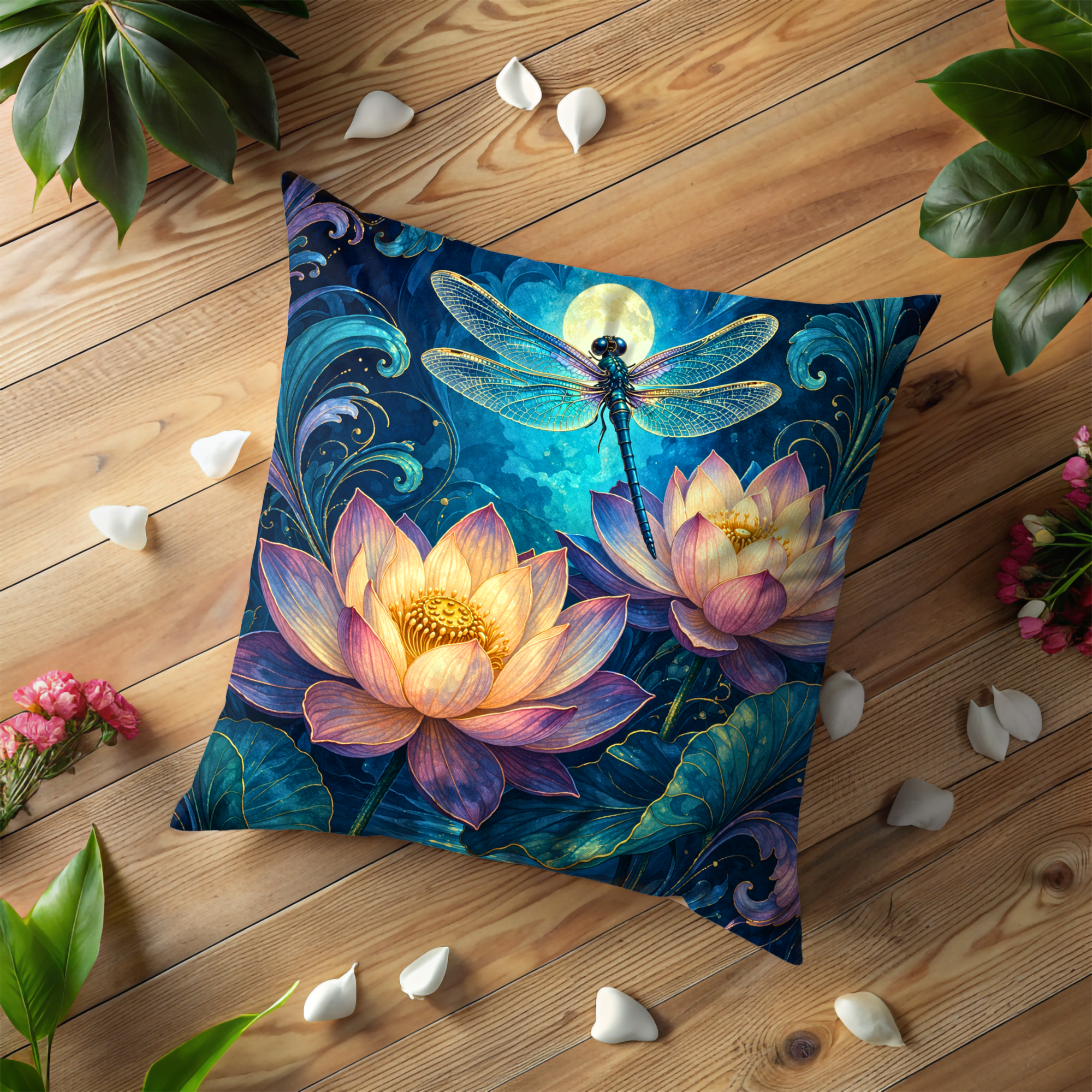 Dragonfly Lotus Pillow Cover | Mystical Floral Art | Tranquil Nature Decor