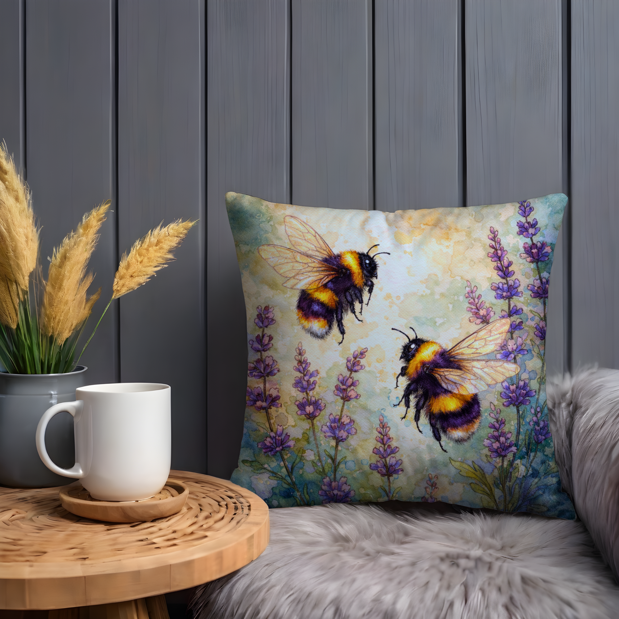 Bumblebee Lavender Pillow Cover | Cute Insect Art | Cheerful Nature Decor