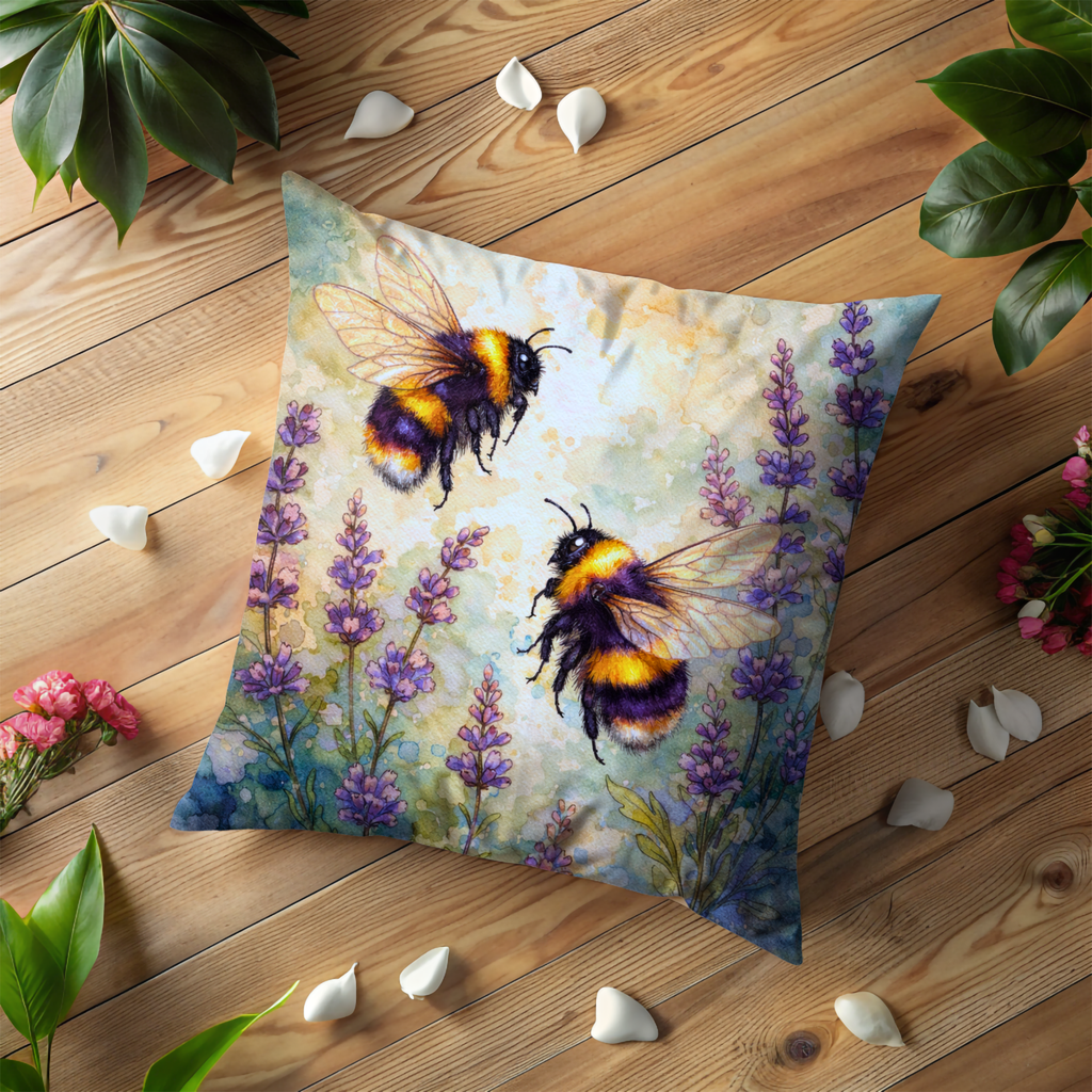 Bumblebee Lavender Pillow Cover | Cute Insect Art | Cheerful Nature Decor
