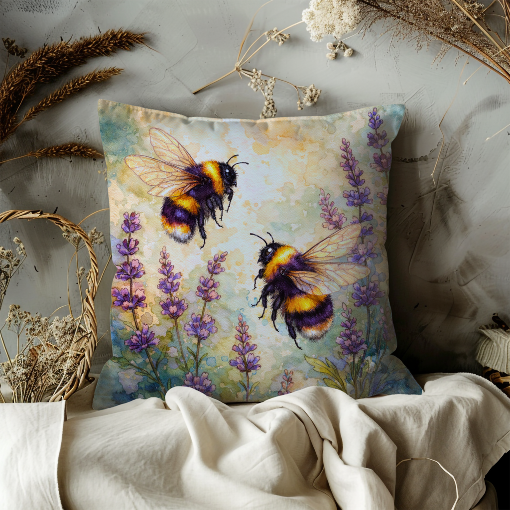 Bumblebee Lavender Pillow Cover | Cute Insect Art | Cheerful Nature Decor