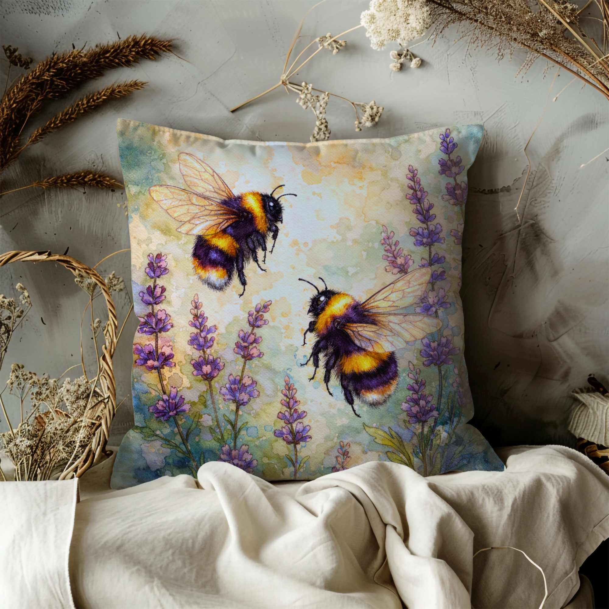 Bumblebee Lavender Pillow Cover | Cute Insect Art | Cheerful Nature Decor